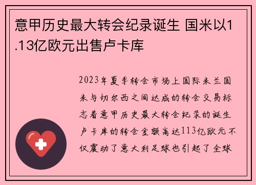 意甲历史最大转会纪录诞生 国米以1.13亿欧元出售卢卡库