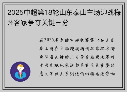 2025中超第18轮山东泰山主场迎战梅州客家争夺关键三分