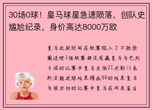 30场0球！皇马球星急速陨落，创队史尴尬纪录，身价高达8000万欧